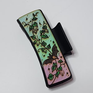 Spooky Floral Bat Hand Painted Wood Accented 4" Claw Hair Clip