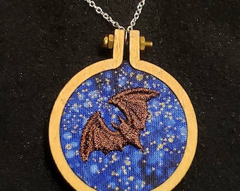 Foggy Forest Embroidered Bat Necklace - small circle brown on galaxy