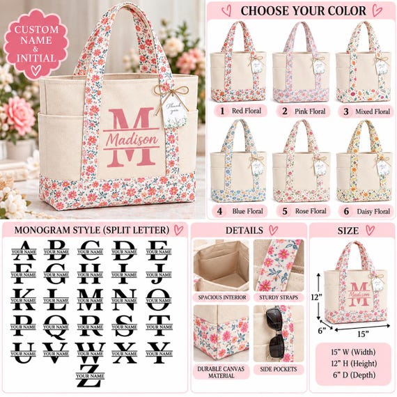 Custom Floral Monogram Tote Bag: 12x15x6" Canvas, Spacious Interior