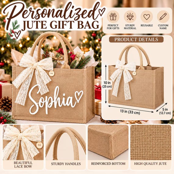 Personalized Jute Gift Bag: Custom Name, Lace Bow, Reusable (10x13x5)