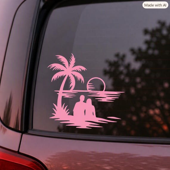 Romantic Sunset Lovers Vinyl Sticker, Beach Couple Palm Tree Scene, Durable Car Laptop Decor