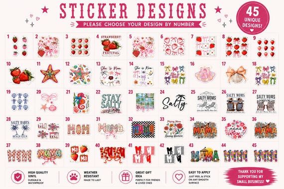 Summer Sticker Pack: Strawberry, Beach, Mama Designs (45 Unique Options)