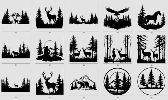 Forest Scene Decal: Deer, Mountains, Trees – Multiple Colors, Sizes