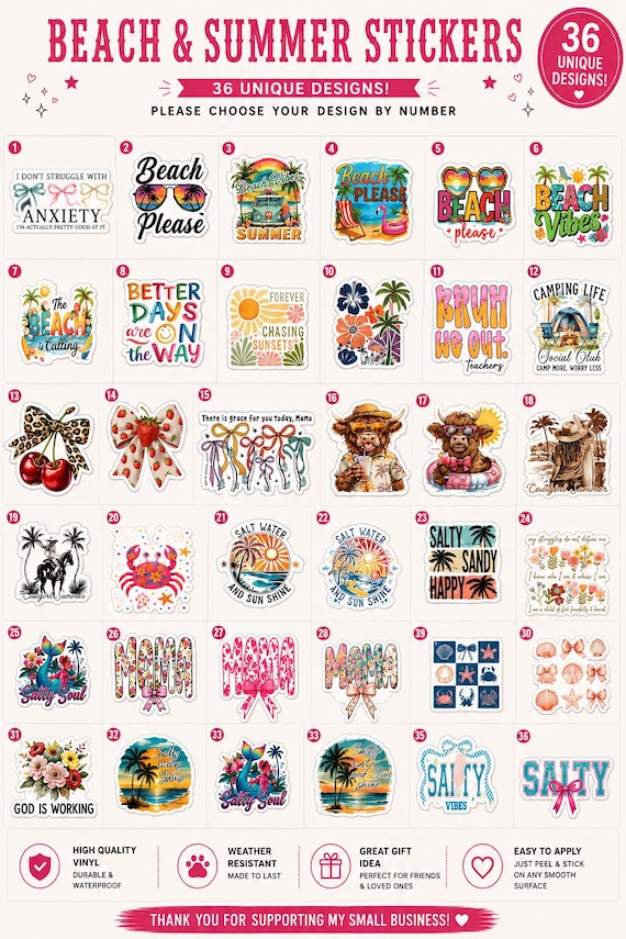 Beach & Summer Stickers: 36 Unique Designs, Vinyl Decals