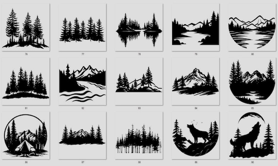 Forest Landscape Decal: Mountain, River, Trees, Wolf Designs