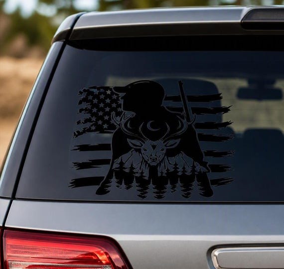 Hunting Deer Hunter Silhouette American Flag Vinyl Sticker, Rugged Outdoor Decal