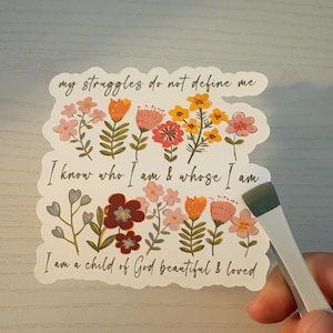 May include: A sticker with a floral design and the text "my struggles do not define me, I know who I am & whose I am, I am a child of God beautiful & loved." The sticker features various flowers in shades of pink, orange, and yellow.