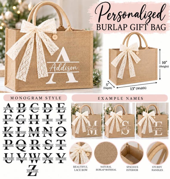 Personalized Burlap Gift Bag: Monogrammed Lace Bow, 13x10x5"