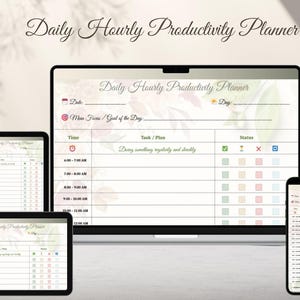 May include: A digital daily hourly productivity planner displayed on a laptop, two tablets, and a smartphone. The planner features sections for time, tasks, and status, with floral accents and the text "Daily Hourly Productivity Planner".