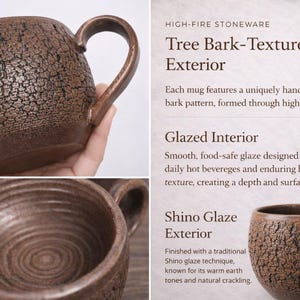 Handmade Rustic Stoneware Clay Mug, Tree Bark Design, Shino High Fire Glaze, Wheel-Thrown Artisan image 10