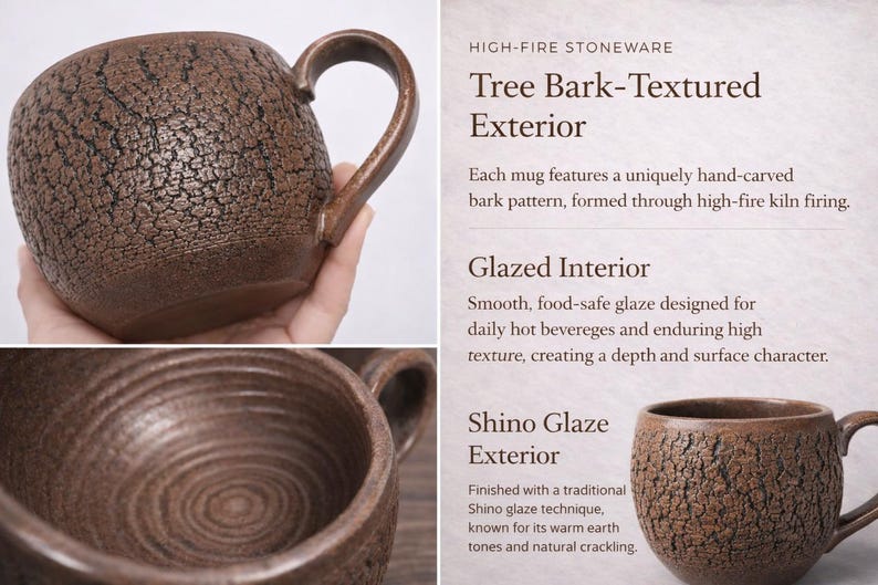 Handmade Rustic Stoneware Clay Mug, Tree Bark Design, Shino High Fire Glaze, Wheel-Thrown Artisan image 10