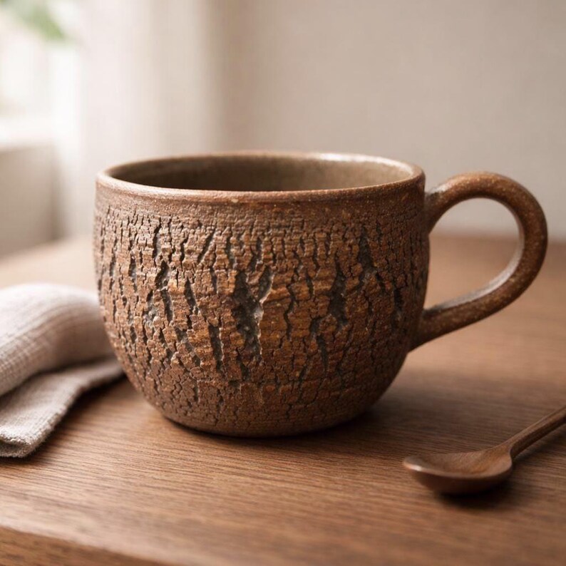 Handmade Rustic Stoneware Clay Mug, Tree Bark Design, Shino High Fire Glaze, Wheel-Thrown Artisan image 17