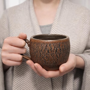 Handmade Rustic Stoneware Clay Mug, Tree Bark Design, Shino High Fire Glaze, Wheel-Thrown Artisan image 13