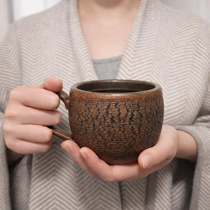 Handmade Rustic Stoneware Clay Mug, Tree Bark Design, Shino High Fire Glaze, Wheel-Thrown Artisan image 13