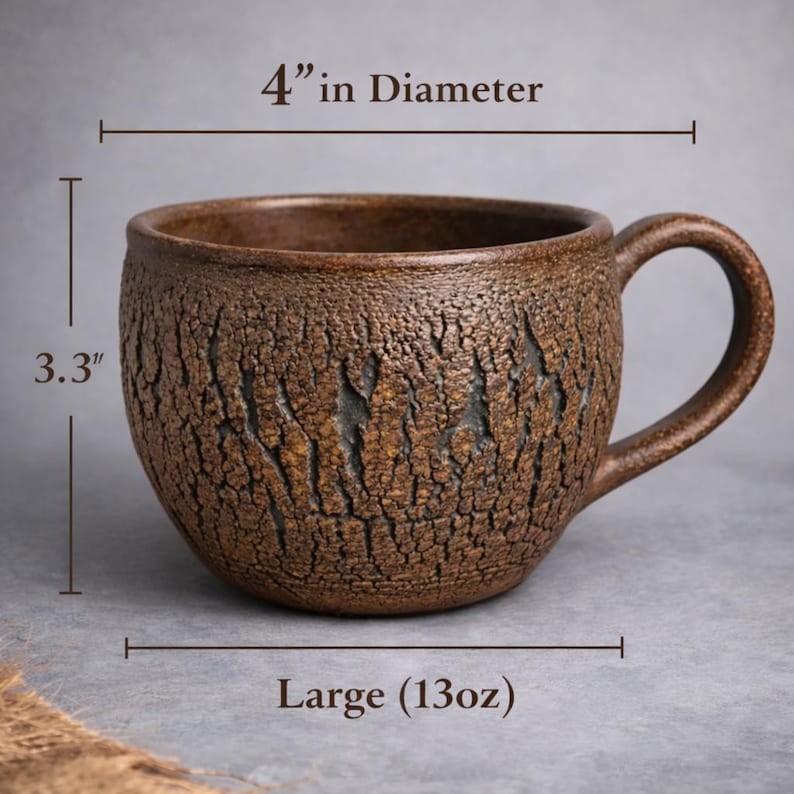Handmade Rustic Stoneware Clay Mug, Tree Bark Design, Shino High Fire Glaze, Wheel-Thrown Artisan Large