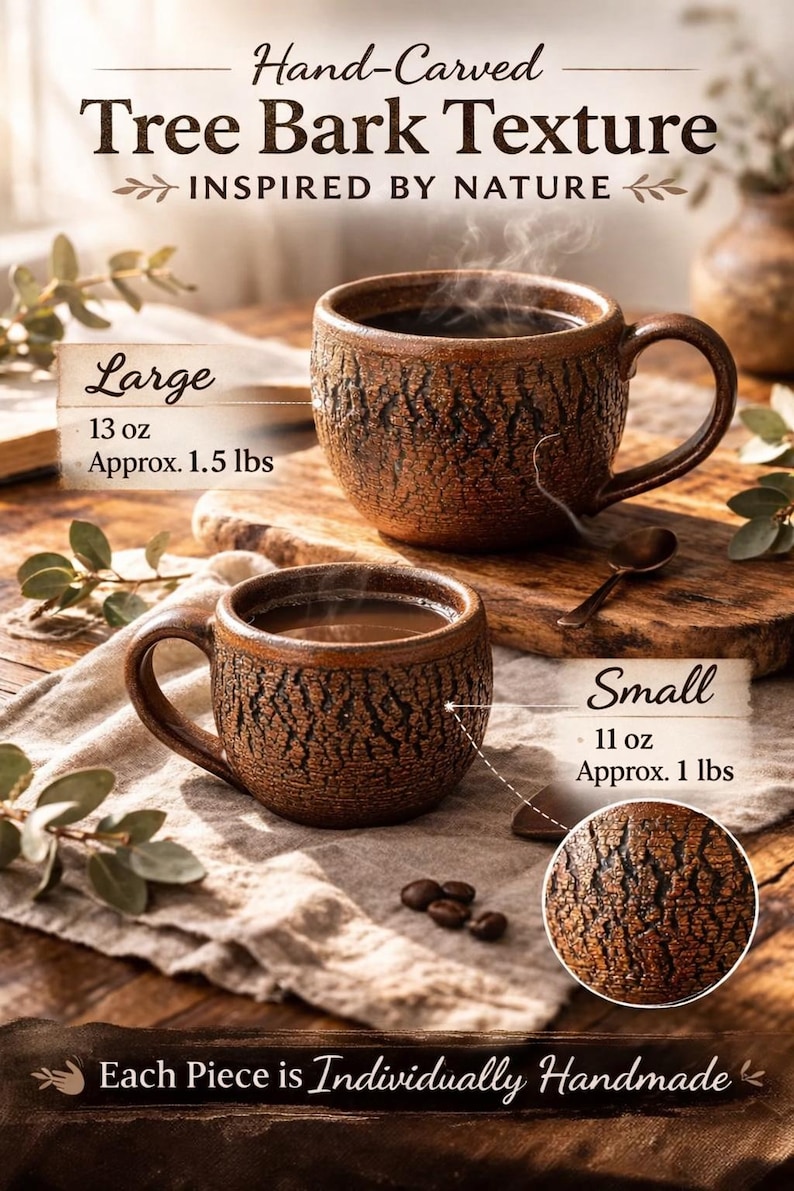 Handmade Rustic Stoneware Clay Mug, Tree Bark Design, Shino High Fire Glaze, Wheel-Thrown Artisan image 4