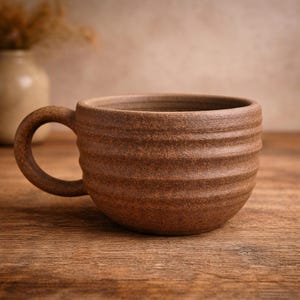 Puede incluir: Una taza de cerámica marrón con un cuerpo redondeado y un asa. La taza tiene estrías horizontales alrededor del exterior y se apoya sobre una superficie de madera. Un jarrón es visible en el fondo.
