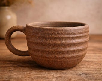 Earth-Toned High-Fire Stoneware Espresso Ceramic Mug, Ribbed Texture Coffee Cup | Matte Sand-like mineral speckling