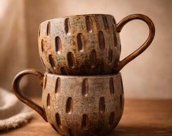 Handmade Rustic Pottery Mug– Earthy Hand Carved 11oz Mug, Wood Ash Glaze, Engobe Coating