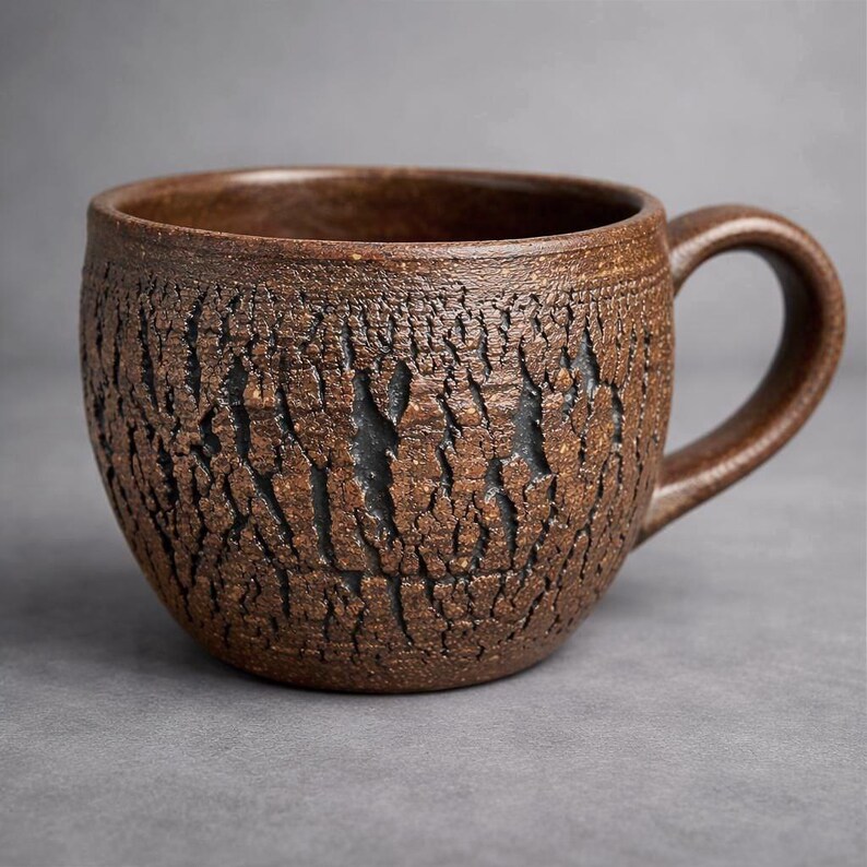 Handmade Rustic Stoneware Clay Mug, Tree Bark Design, Shino High Fire Glaze, Wheel-Thrown Artisan image 16