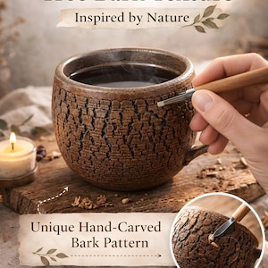 Handmade Rustic Stoneware Clay Mug, Tree Bark Design, Shino High Fire Glaze, Wheel-Thrown Artisan image 2