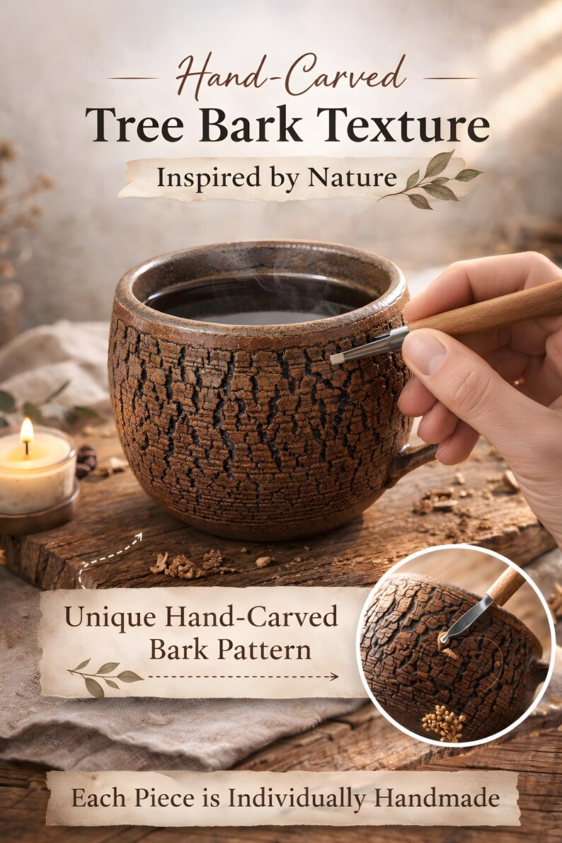 Handmade Rustic Stoneware Clay Mug, Tree Bark Design, Shino High Fire Glaze, Wheel-Thrown Artisan image 2