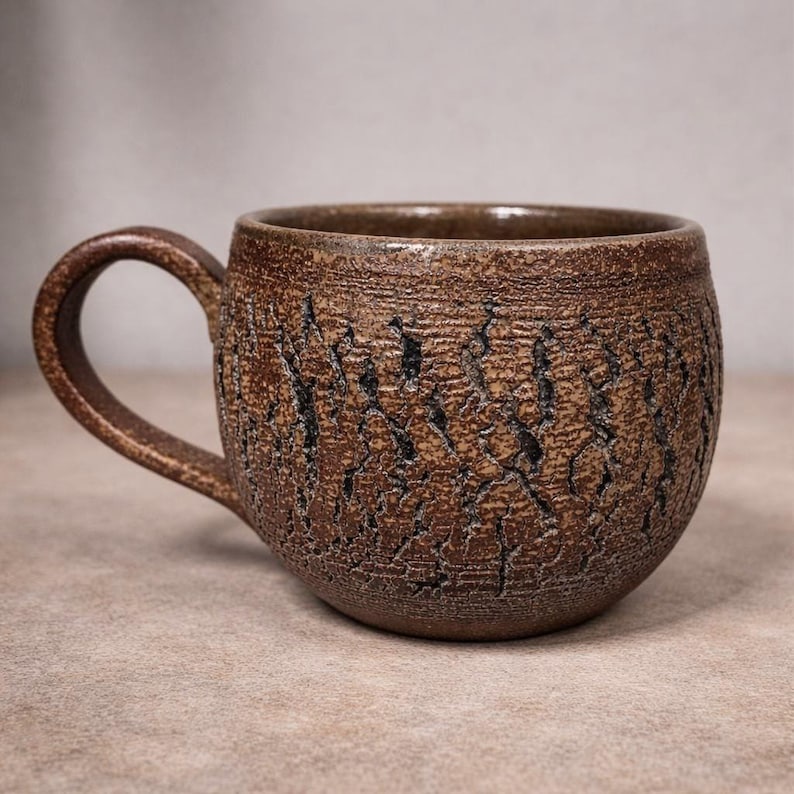 Handmade Rustic Stoneware Clay Mug, Tree Bark Design, Shino High Fire Glaze, Wheel-Thrown Artisan image 11