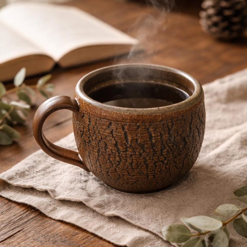 Handmade Rustic Stoneware Clay Mug, Tree Bark Design, Shino High Fire Glaze, Wheel-Thrown Artisan image 15