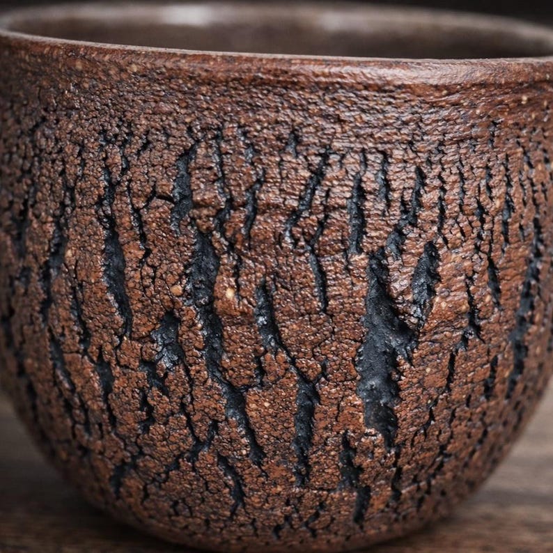 Handmade Rustic Stoneware Clay Mug, Tree Bark Design, Shino High Fire Glaze, Wheel-Thrown Artisan image 9