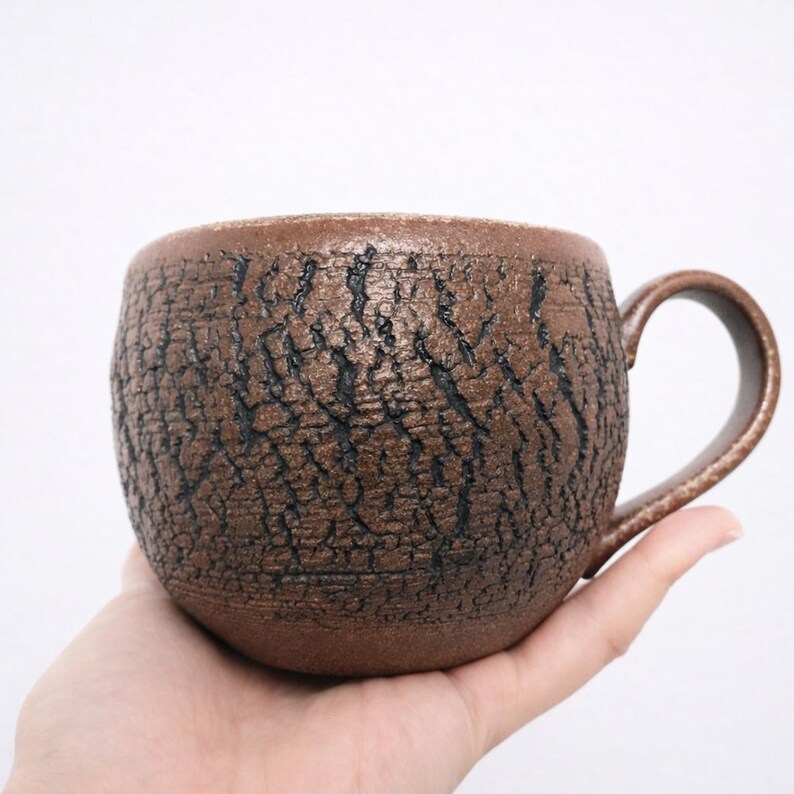 Handmade Rustic Stoneware Clay Mug, Tree Bark Design, Shino High Fire Glaze, Wheel-Thrown Artisan image 19