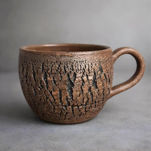 Handmade Rustic Stoneware Clay Mug, Tree Bark Design, Shino High Fire Glaze, Wheel-Thrown Artisan