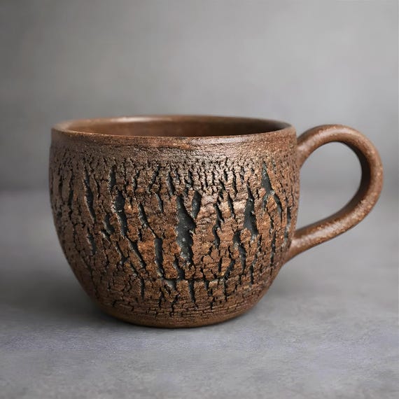 Handmade Rustic Stoneware Clay Mug, Tree Bark Design, Shino High Fire Glaze, Wheel-Thrown Artisan
