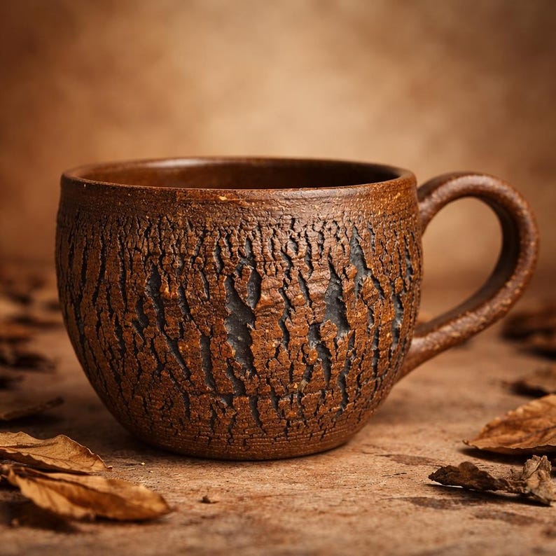 May include: A brown ceramic mug with a textured, bark-like exterior. The mug has a rounded shape with a handle and sits on a wooden surface. Dried leaves are scattered around the base of the mug.
