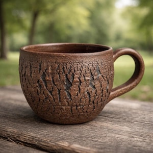 Handmade Rustic Stoneware Clay Mug, Tree Bark Design, Shino High Fire Glaze, Wheel-Thrown Artisan image 3