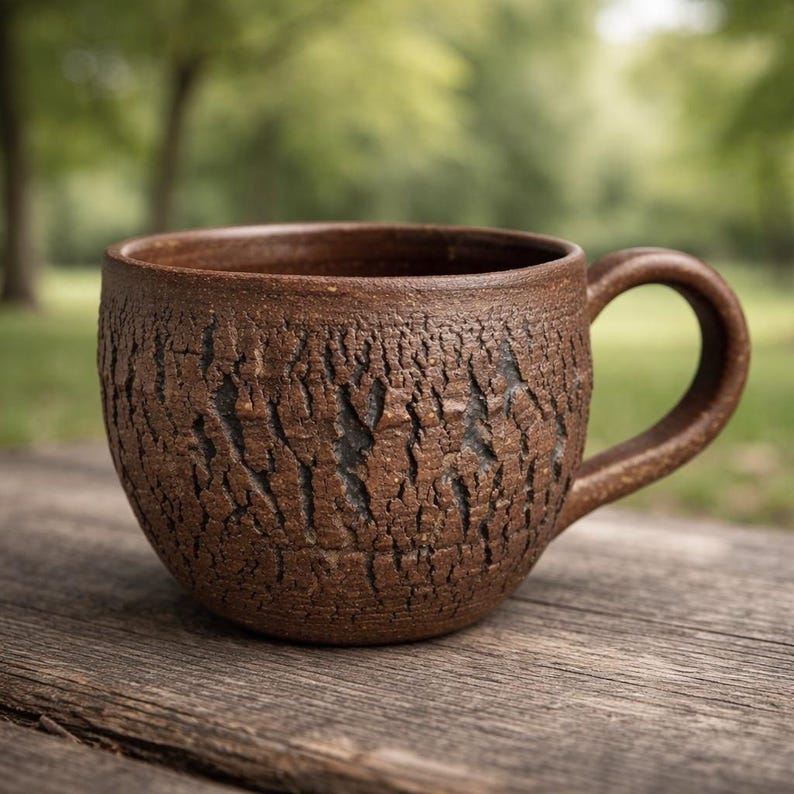 Handmade Rustic Stoneware Clay Mug, Tree Bark Design, Shino High Fire Glaze, Wheel-Thrown Artisan image 3