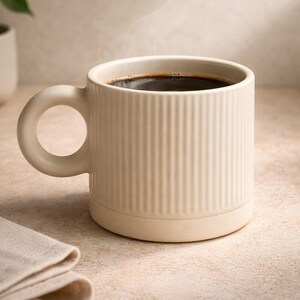 May include: A beige ceramic mug filled with dark coffee. The mug has vertical ribbed detailing and a rounded handle. A folded beige cloth sits in the foreground. The mug is on a light-colored surface.