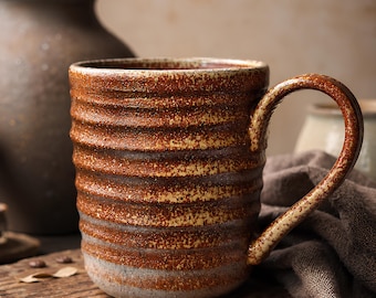 Earthy Rustic Handmade Coffee Mug 10oz - Ribbed Textured Clay Stoneware, Pottery Drinkware