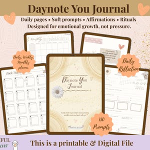 Może przedstawiać: Cyfrowy dziennik zatytułowany "Daynote You Journal" w beżowo-brązowej kolorystyce. Dziennik zawiera codzienne strony, podpowiedzi, afirmacje i rytuały. Obraz przedstawia różne układy, w tym planer miesięczny, śledzenie książek i strony codziennych refleksji. Dziennik jest przeznaczony do rozwoju emocjonalnego.