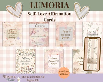 May include: A set of self-love affirmation cards with floral and heart designs. The cards display phrases such as "I honor my feelings" and "I trust my inner guidance." The image includes the text "LUMORIA" and "Self-Love Affirmation Cards."
