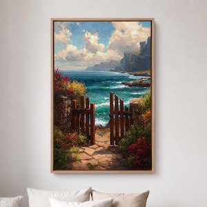 Coastal Gate Ocean View-afdruk, zeegezicht klif schilderij, strandpad-kunstwerk (digitale download)