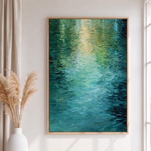 Abstrakt blågrön vattenreflektion konsttryck, texturerat akvamarin kustkonstverk (digital nedladdning)