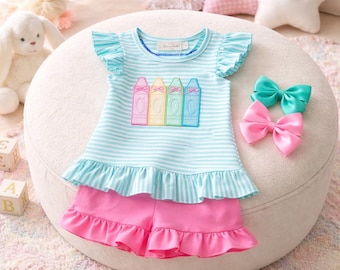 Striped Ruffle Short Set with Crayon Applique – Back To School Outfit