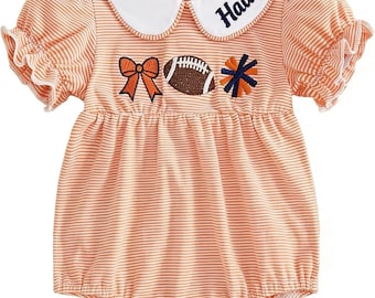 Game Day Orange and Blue Football Bubble Onesie, Ruffled Collar, Personalized Name Embroidered on collar option