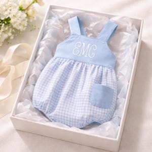 Embroidered Blue Plaid Baby Bubble Romper: Monogrammed, Soft Fabric, Easy Diaper Change