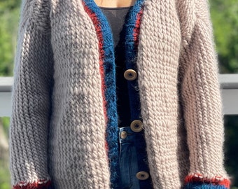Knitting Pattern PDF- Fall Spice Roadtrip Coffee Break  BacktoSchool  Live-in Cardigan  Chunky Wool Contrast Rib Oversized Sweater