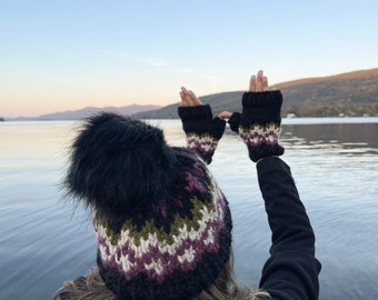 KNITTING PATTERN with a BONUS- Winter Frozen Lake 4 Color Fair Isle Hat and Mitts Set- Pdf Knit Pattern
