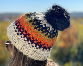 Knit Fair Isle Hat Pattern: Easy Beginner Fall Leaves (PDF Pattern)