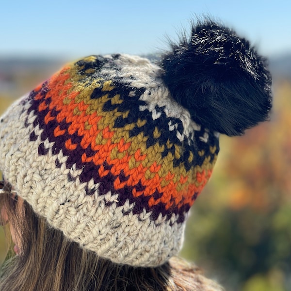 KNIT HAT PATTERN- Fall Leaves Fair Isle Hat-Multi color Fair Isle-Snowflake Easy Beginner Pdf Pattern