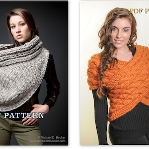 Huntress Cowl and Handknit Sweater Wrap Knitting Pattern combo set.