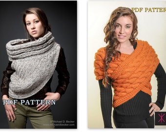 Huntress Cowl and Handknit Sweater Wrap Knitting Pattern combo set.